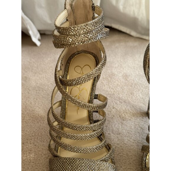 NWOT Jessica Simpson Palkaya Gold Glitter Strappy Stiletto Heel Sandals  4.25" - Picture 3 of 9
